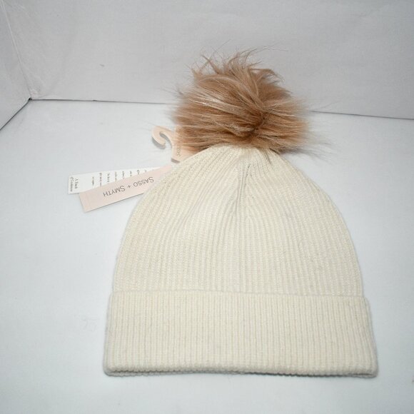 SASSO + SMYTH Ribbed Cuff Faux Fur Pom Beanie in Ivory NWT - Picture 1 of 3